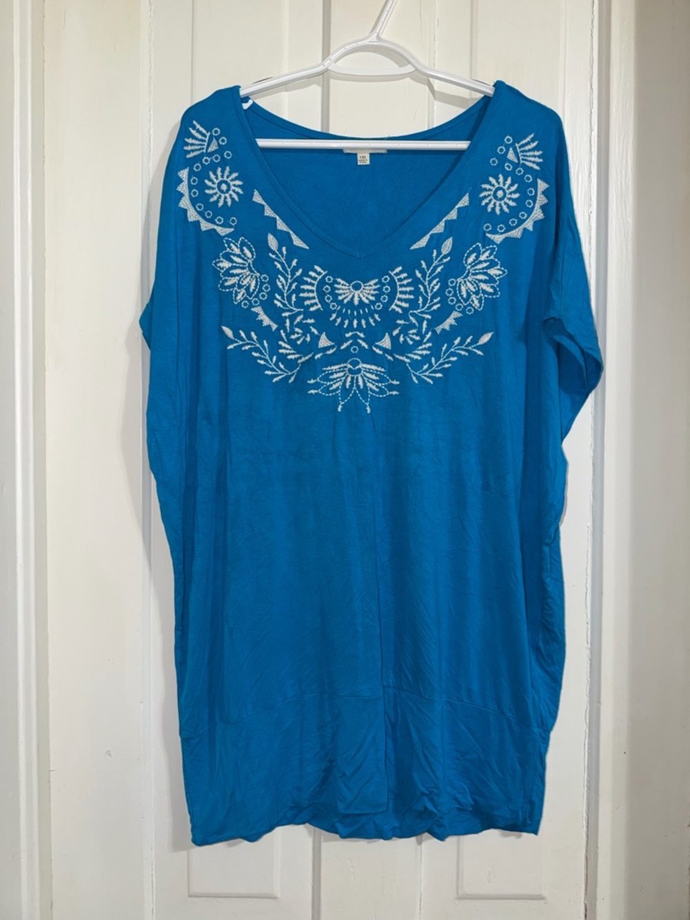 Women's plus‎ size 1X Embroidered V-Neck Women's Top in Teal Blue shirt